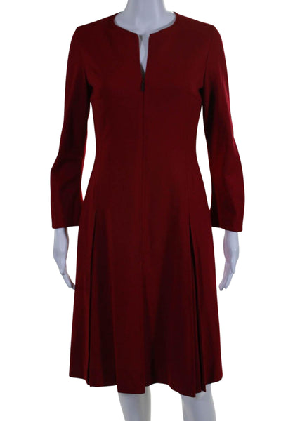 Strenesse Womens Round Neck Long Sleeves Pleated Fit Flare Midi Dress Red Size 2