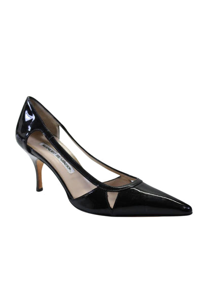 Manolo Blahnik Women's Pointed Toe Cut-Outs Patent Leather Shoes Black Size 35