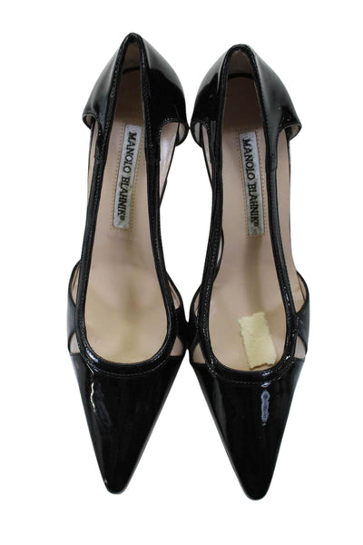 Manolo Blahnik Women's Pointed Toe Cut-Outs Patent Leather Shoes Black Size 35