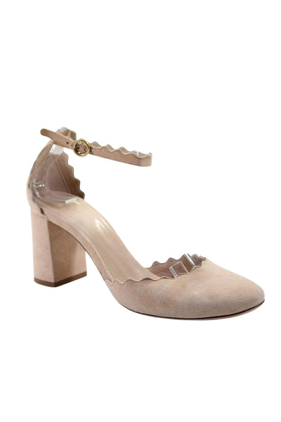 Chloe Women's Scallop Edge Block Heels Ankle Buckle Sandals Beige Size 35