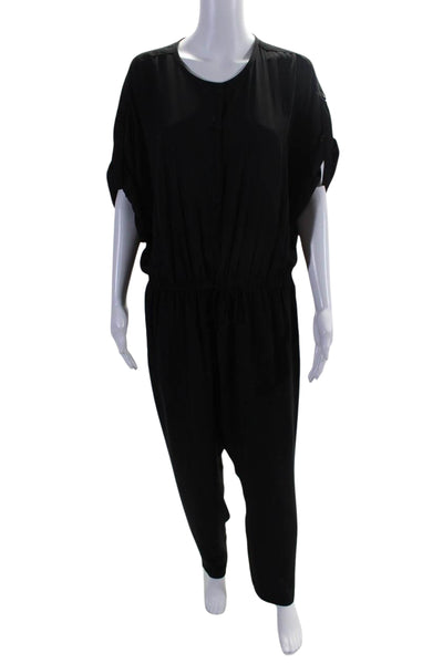 ATM Womens Drawstring Waist Short Sleeve Button Up Jumpsuit Black Size L