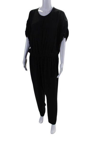 ATM Womens Drawstring Waist Short Sleeve Button Up Jumpsuit Black Size L