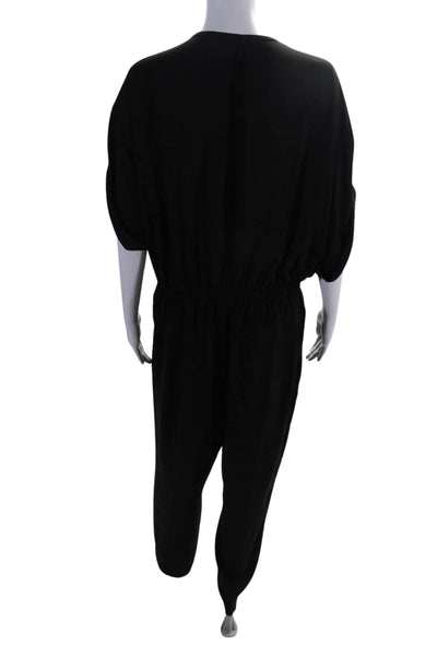 ATM Womens Drawstring Waist Short Sleeve Button Up Jumpsuit Black Size L