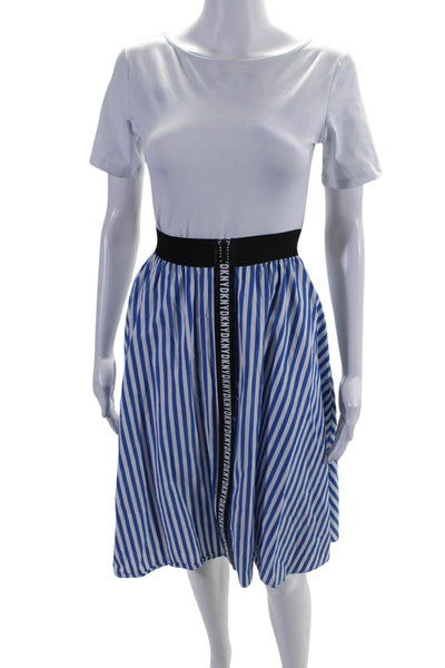 DKNY Women's Elastic Waist Flare Unlined Midi Skirt Blue Striped Size S