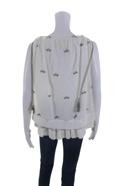 Mirth Womens Geometric V-Neck Tassel Tied Ruffled Layered Blouse White Size M/L