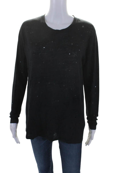 IRO Womens Linen Distressed Round Neck Long Sleeve Knit Top Black Size S