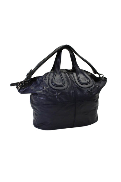 Givenchy Womens Double Handle Star Nightingale Satchel Handbag Navy Blue Leather