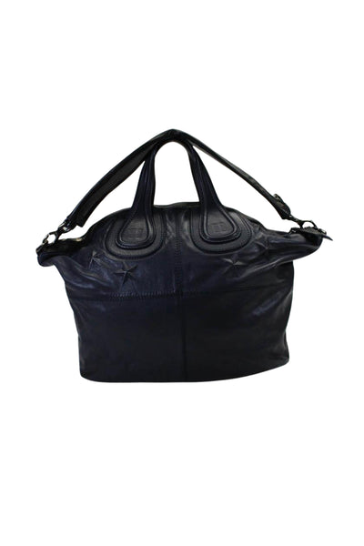 Givenchy Womens Double Handle Star Nightingale Satchel Handbag Navy Blue Leather