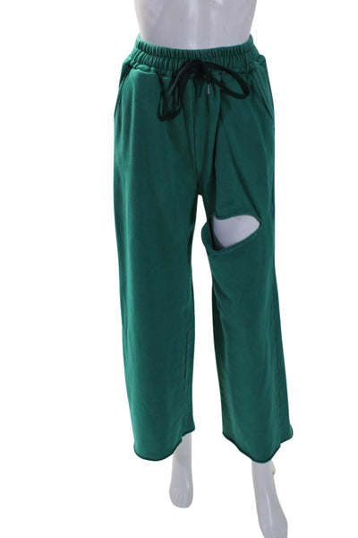 Storets Womens Cotton Drawstring Waist Wide Leg Sweatpants Green Size S/M