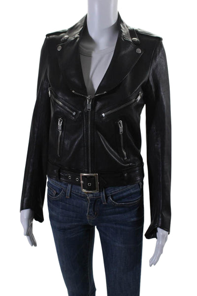 Saint Laurent Womens Leather Silver Tone hardware Biker Jacket Black Size 36