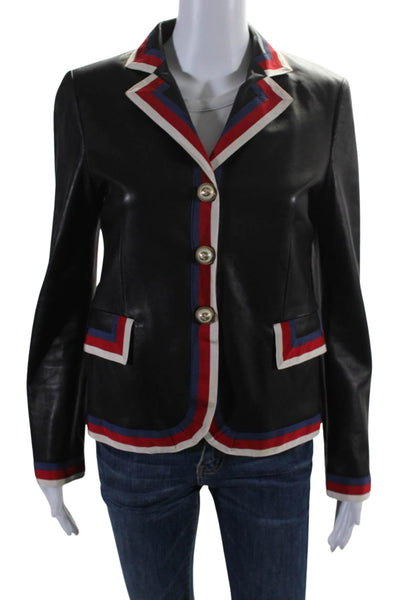 Gucci Womens Leather Striped Trim Embroidered Collared Jacket Black Size 42