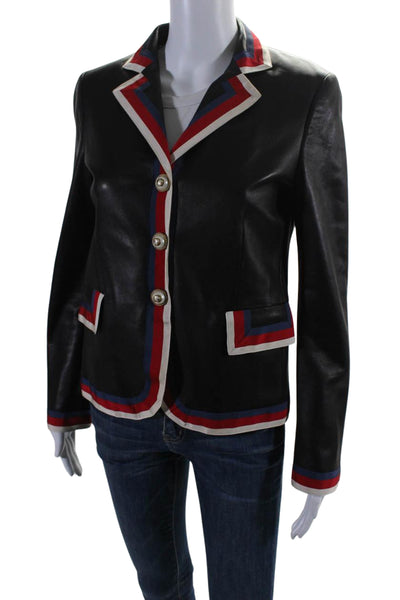 Gucci Womens Leather Striped Trim Embroidered Collared Jacket Black Size 42