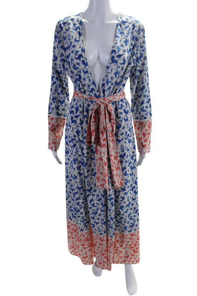 We Are Leone Womens Silk Floral Print Belted Long Sleeve Robe Blue Pink Size S/M