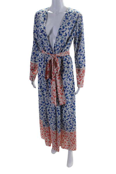 We Are Leone Womens Silk Floral Print Belted Long Sleeve Robe Blue Pink Size S/M