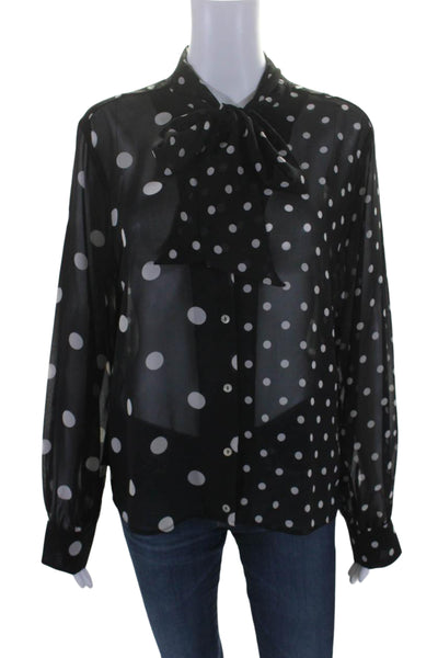 iBlues Womens Polka Dotted Sheer Buttoned-Up V-Neck Blouse Top Black Size M