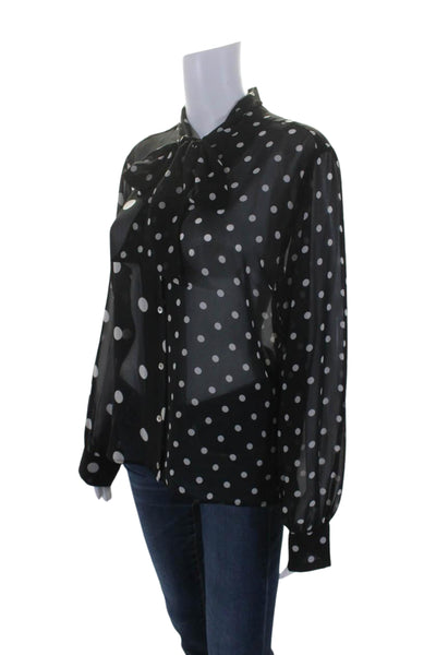 iBlues Womens Polka Dotted Sheer Buttoned-Up V-Neck Blouse Top Black Size M