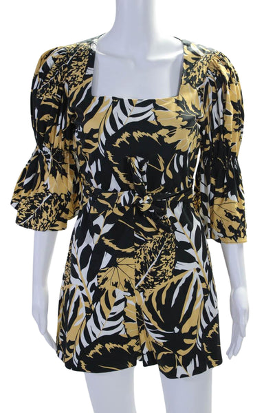 Azulu Women's Square Neck Bell Sleeves Leaf Print  Shorts Romper Black Size XS