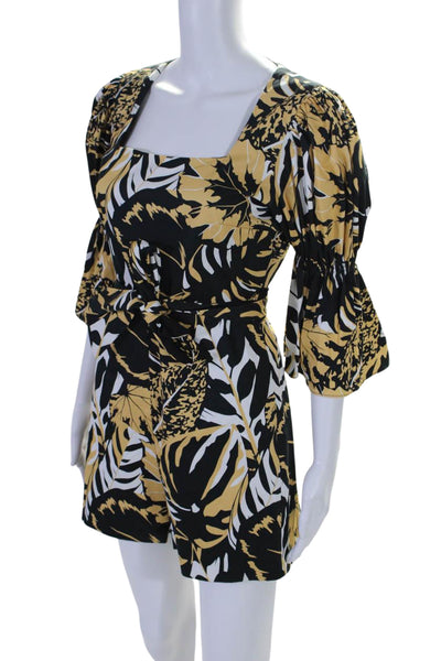 Azulu Women's Square Neck Bell Sleeves Leaf Print  Shorts Romper Black Size XS