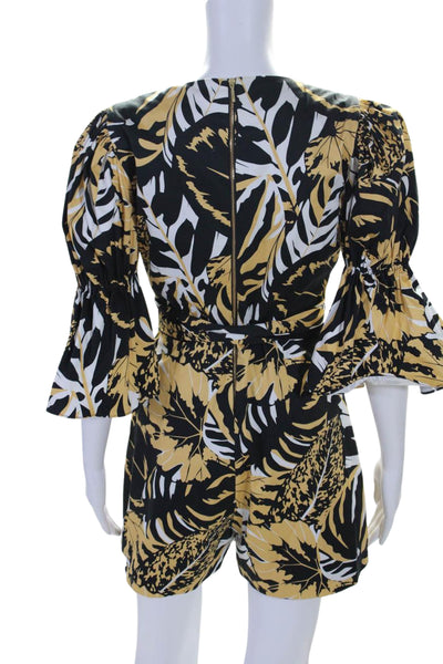 Azulu Women's Square Neck Bell Sleeves Leaf Print  Shorts Romper Black Size XS