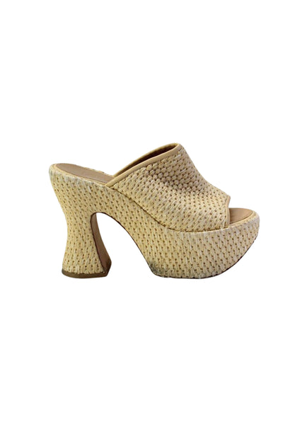 Loewe Womens Raffia Woven Open Toe Platform High Spool Heels Beige Size 7US 37EU