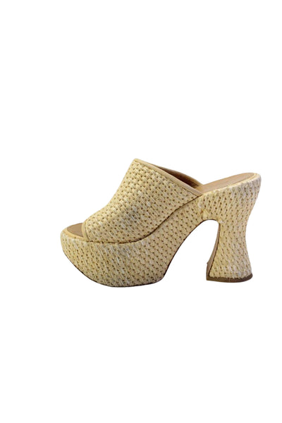 Loewe Womens Raffia Woven Open Toe Platform High Spool Heels Beige Size 7US 37EU