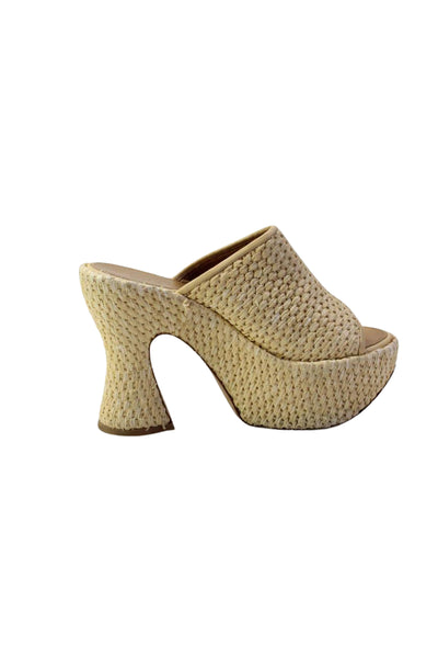 Loewe Womens Raffia Woven Open Toe Platform High Spool Heels Beige Size 7US 37EU