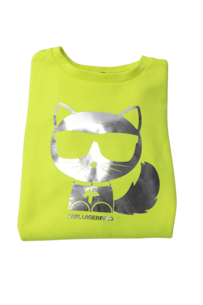 Karl Lagerfeld Kids Girls Metallic Cat Print Sweatshirt Top Neon Green Size 16