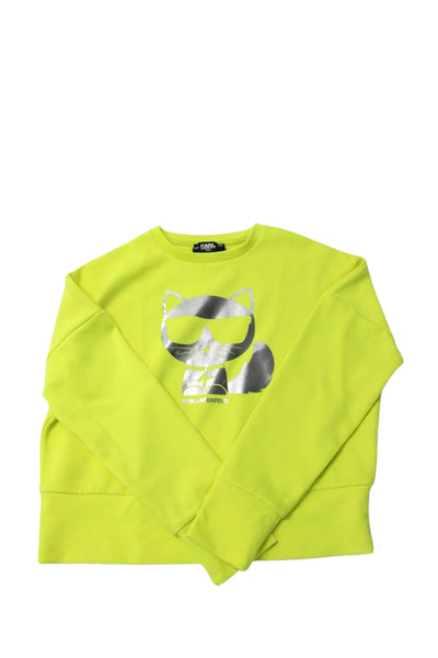 Karl Lagerfeld Kids Girls Metallic Cat Print Sweatshirt Top Neon Green Size 16