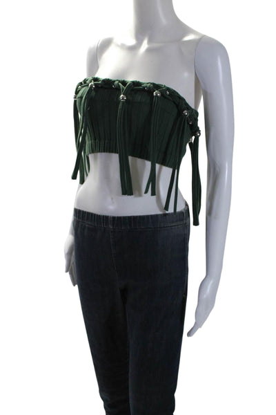 Dion Lee Womens Cotton Braided Tassel Hem Strapless Crop Top Dark Green Size 2