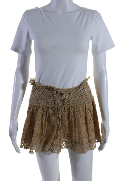 Sunday Women's Crochet Drawstring Waist Eyelet Mini Skirt Brown Size M