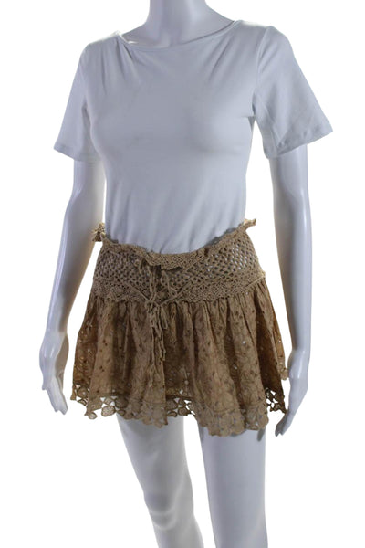 Sunday Women's Crochet Drawstring Waist Eyelet Mini Skirt Brown Size M