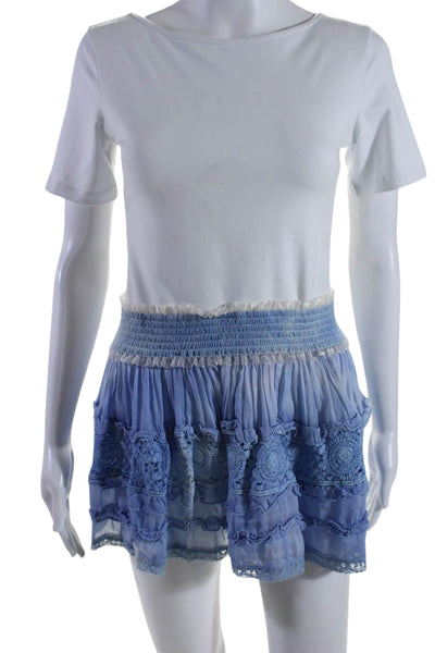 Sunday Women's Smocked Waist Ruffle Unlined Flare Mini Skirt Blue Size M