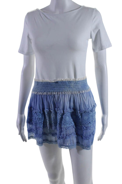 Sunday Women's Smocked Waist Ruffle Unlined Flare Mini Skirt Blue Size M