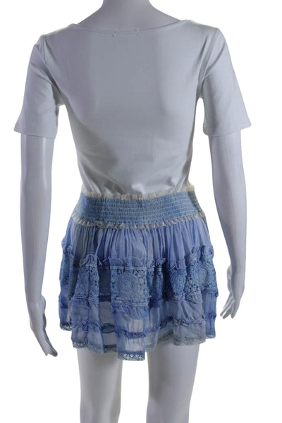 Sunday Women's Smocked Waist Ruffle Unlined Flare Mini Skirt Blue Size M