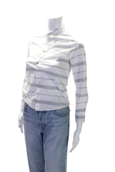 Boss Hugo Boss Boys Cotton Striped Print Collared Long Sleeve Top White Size 10