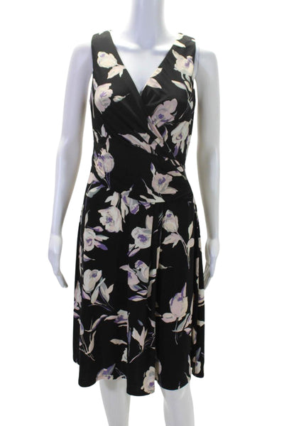 Lauren Ralph Lauren Womens Black Floral V-Neck Sleeveless Shift Dress Size 2