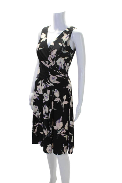 Lauren Ralph Lauren Womens Black Floral V-Neck Sleeveless Shift Dress Size 2