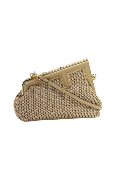 Fendi Womens Lamb Leather Fendi First Macrame Snap Button Pochette Handbag Beige