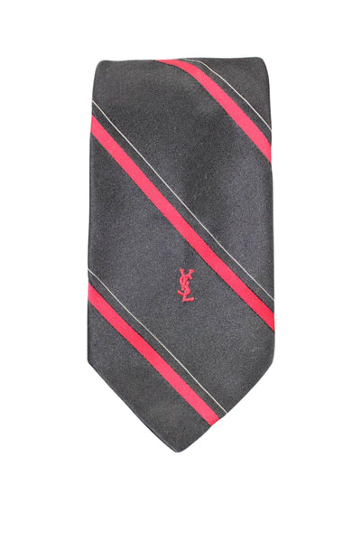 Yves Saint Laurent Mens Black Red Striped Printed Silk Tie