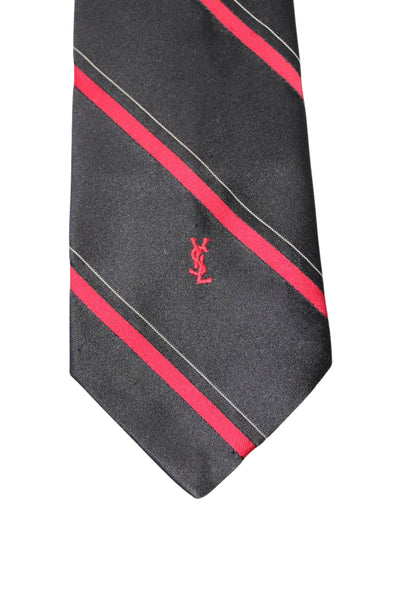 Yves Saint Laurent Mens Black Red Striped Printed Silk Tie