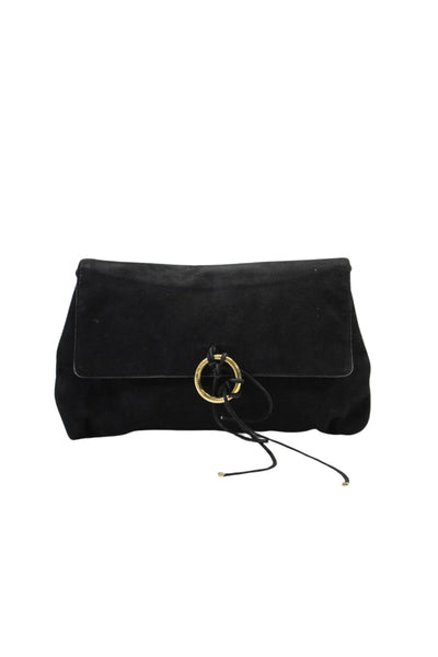 Dolce & Gabbana Womens Black Suede Gold Tone Embellished Flap Clutch Handbag