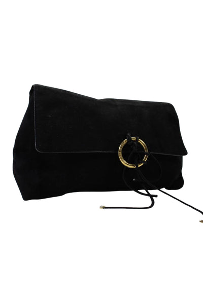 Dolce & Gabbana Womens Black Suede Gold Tone Embellished Flap Clutch Handbag