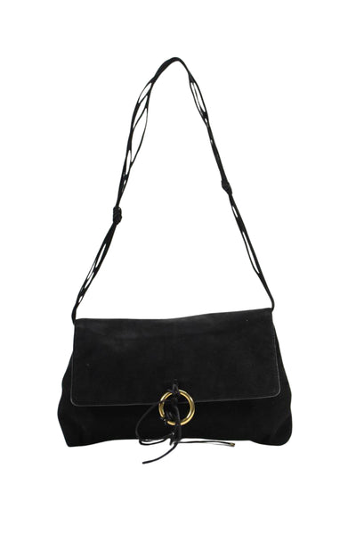 Dolce & Gabbana Womens Black Suede Gold Tone Embellished Flap Clutch Handbag