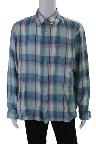 Steven Alan Mens Button Front Collared Plaid Shirt Green White Size Extra Large