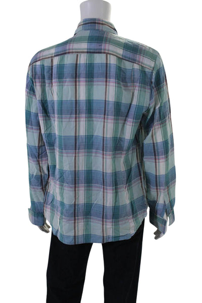 Steven Alan Mens Button Front Collared Plaid Shirt Green White Size Extra Large