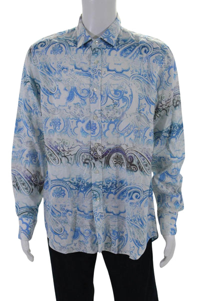 Etro Mens Button Front Long Sleeve Collared Paisley Shirt Blue White Size 44