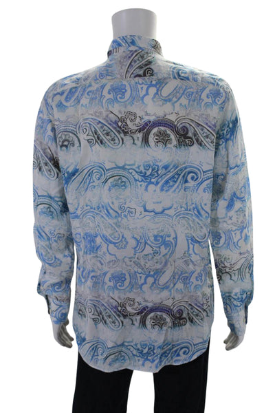 Etro Mens Button Front Long Sleeve Collared Paisley Shirt Blue White Size 44