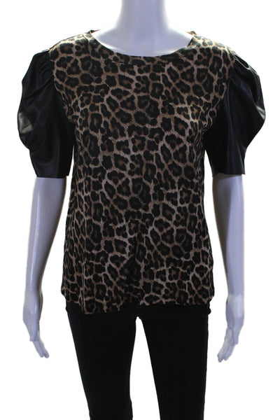 Michael Michael Kors Women's Round Neck Puff Sleeves Animal Print Blouse Size M