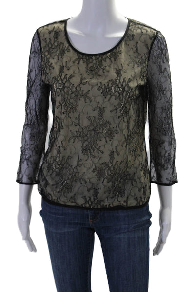 Feraud Womens Lace Floral Print Long Sleeve Lined Blouse Top Beige Black Size 6