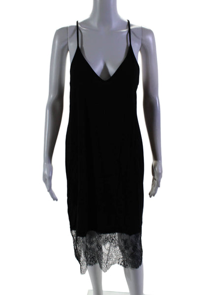 BCBGMAXAZRIA Womens Spaghetti Strap V Neck Lace Trim Slip Dress Black Size Large